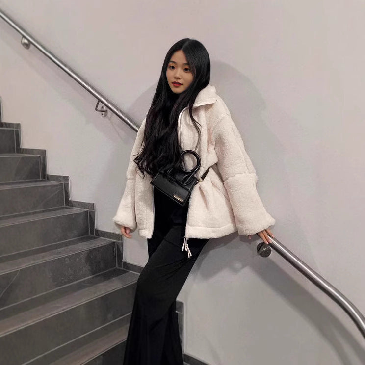 Winter oversized jacket made of soft sheepskin