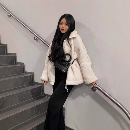 Winter oversized jacket made of soft sheepskin