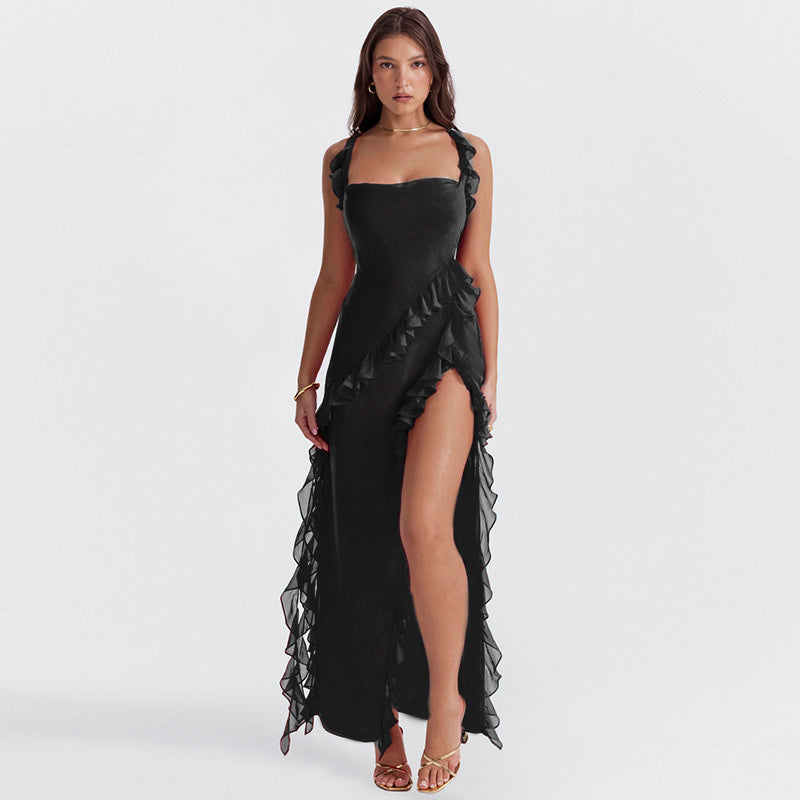 Ariela – Maxi dress with ruffles, square neckline, and slit for women