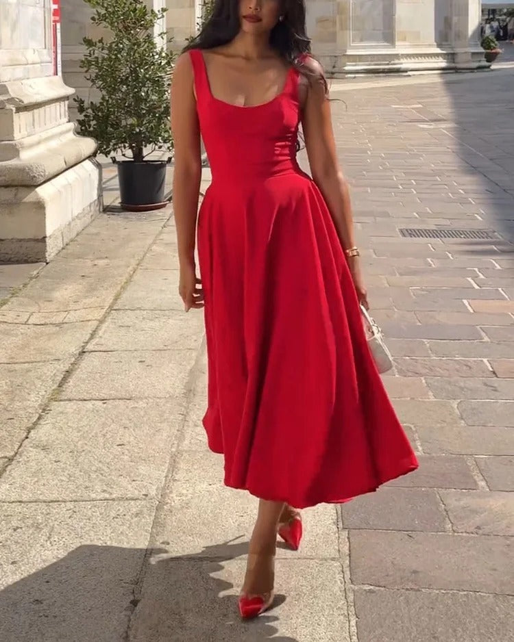 Midi dress with wide straps and flared bottom