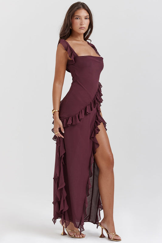 Ariela – Maxi dress with ruffles, square neckline, and slit for women
