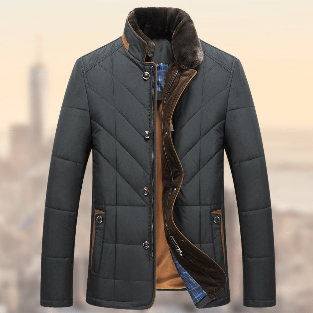 Winter quilted jacket with a stand-up collar and fleece lining