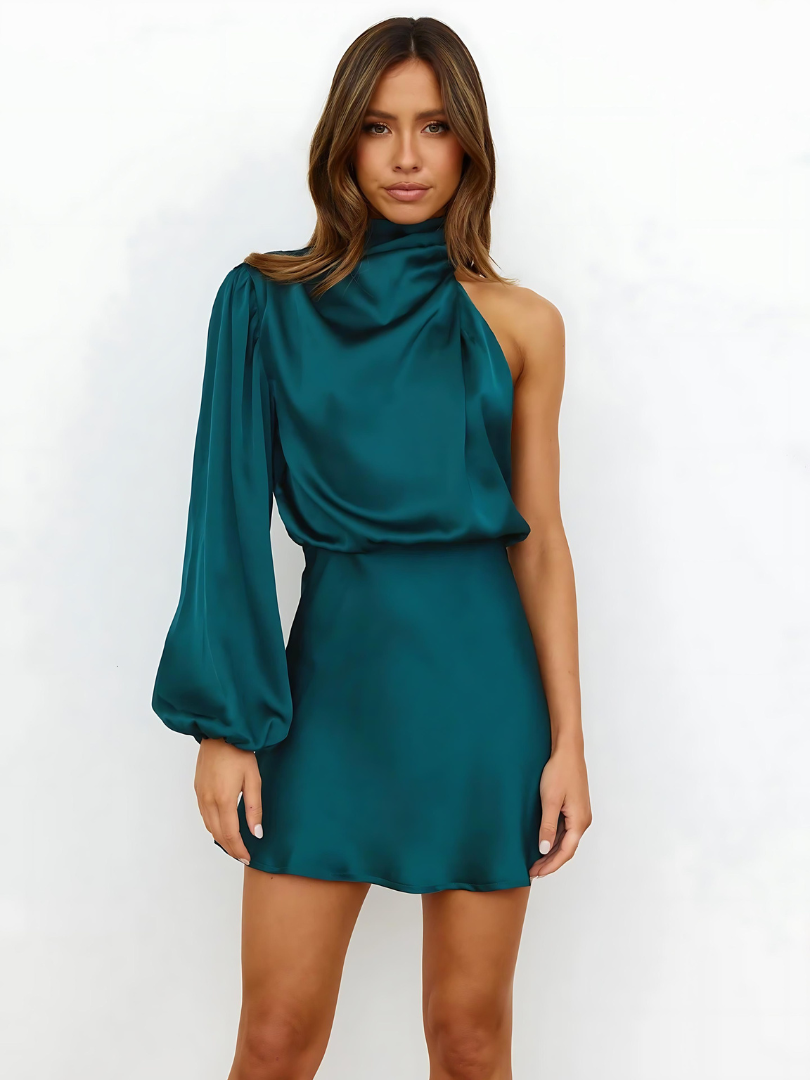 Elira | Short satin dress with one sleeve and collar for women