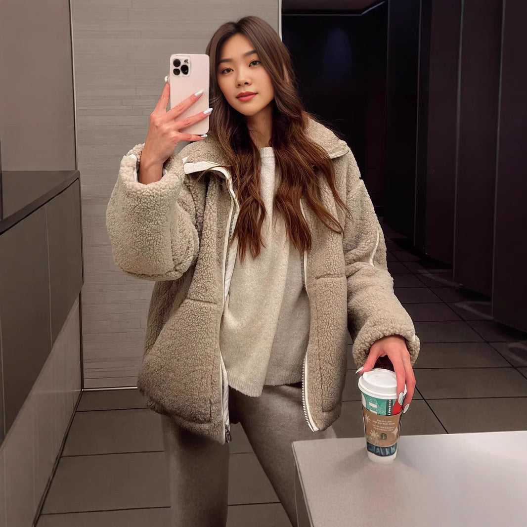 Winter oversized jacket made of soft sheepskin