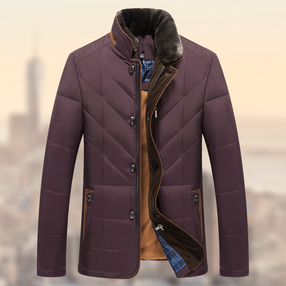 Winter quilted jacket with a stand-up collar and fleece lining