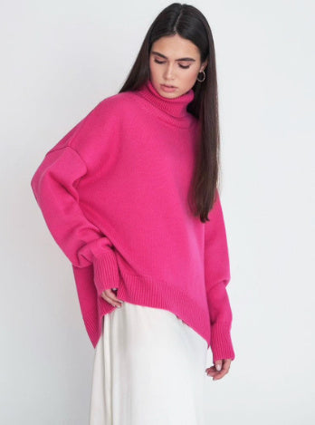 Luna - Women's wool oversize turtleneck sweater, green, warm, fashionable
