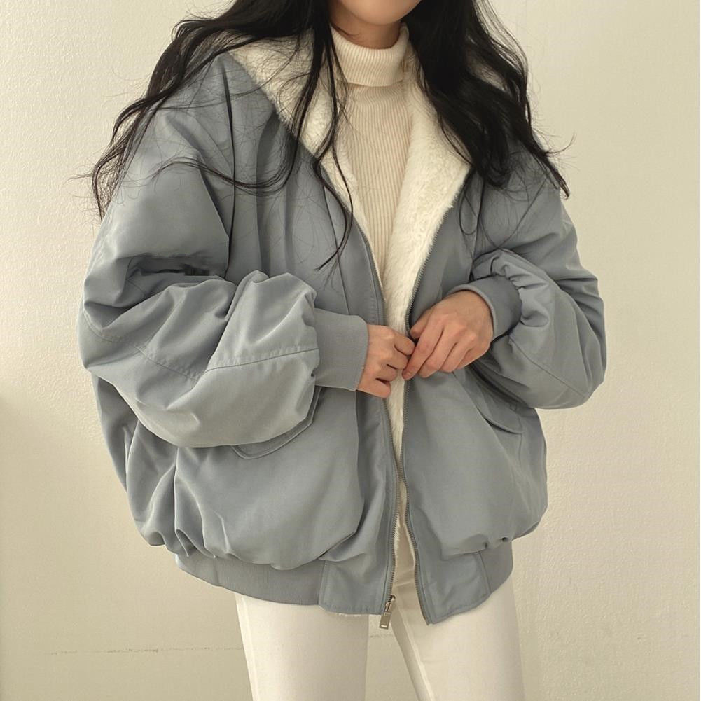 Winter oversized bomber jacket with sheep fleece lining