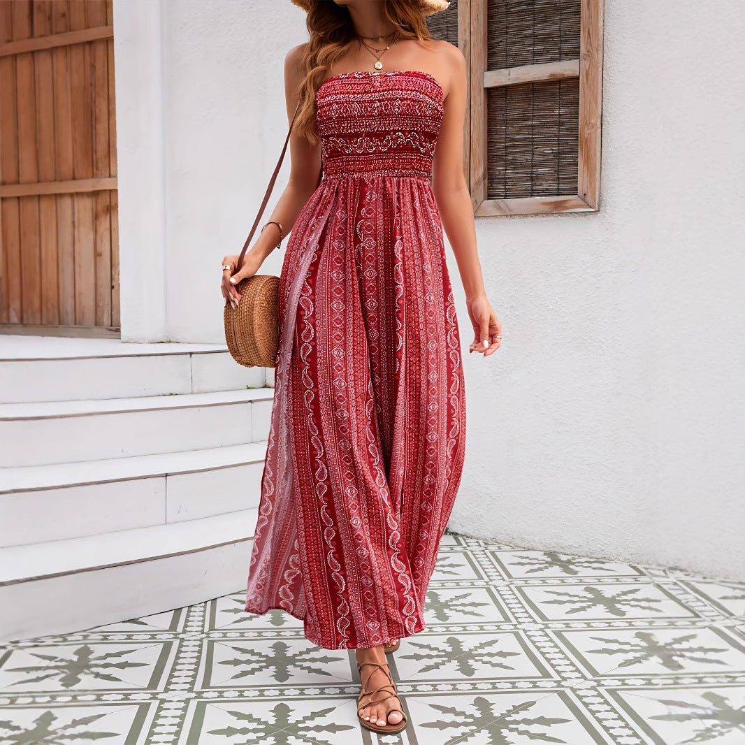 Strapless dress with a slit and ethnic pattern