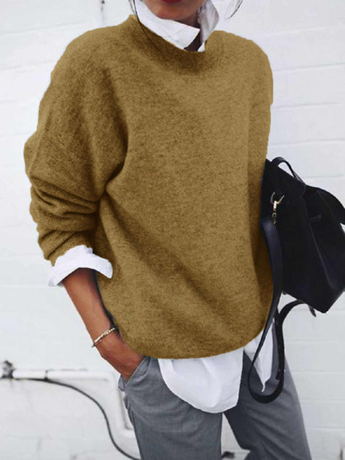 Oversize sweter z mieszanki wełny z okrągłym dekoltem