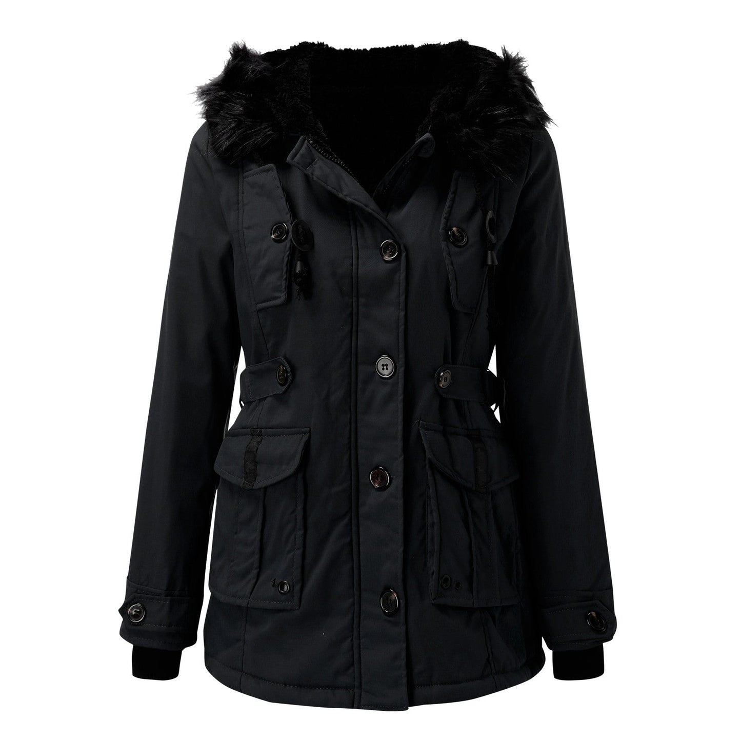Hooded parka with fur lining and drawstring at the waist