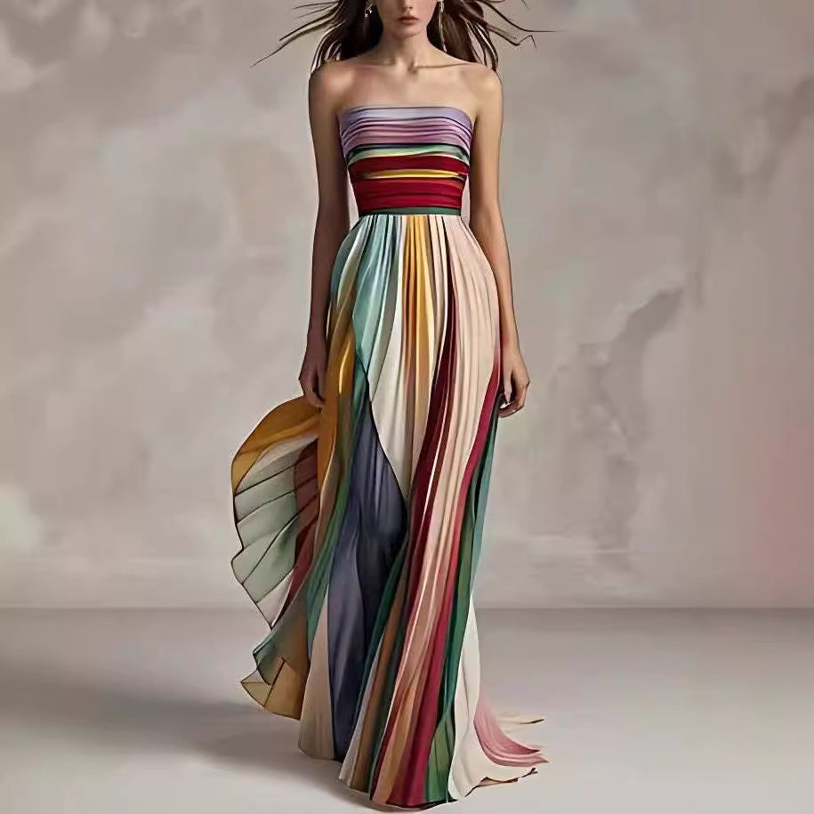 Strapless maxi dress in multicolored stripes