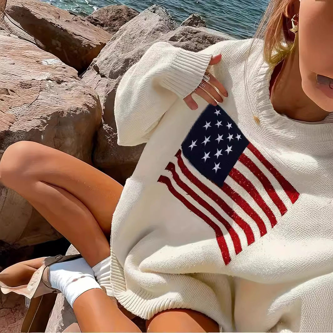 Sweter damski z motywem amerykańskiej flagi Eloura-Moda