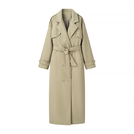 Płaszcz damski typu trench z podwójnym zapięciem na guziki i praktycznym paskiem Eloura-Moda