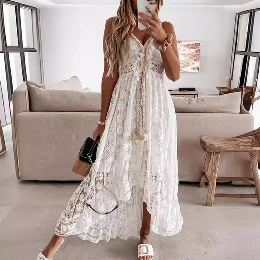 Sukienka maxi damska z filigranowym wzorem koronkowym i zabawnymi detalami Eloura-Moda