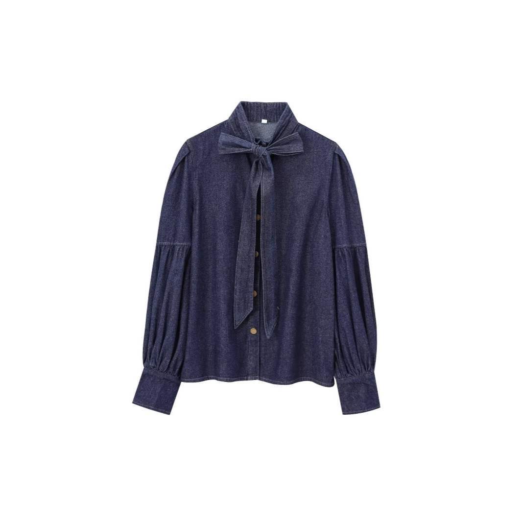 Damska bluzka denim z detalem w postaci kokardy Eloura-Moda