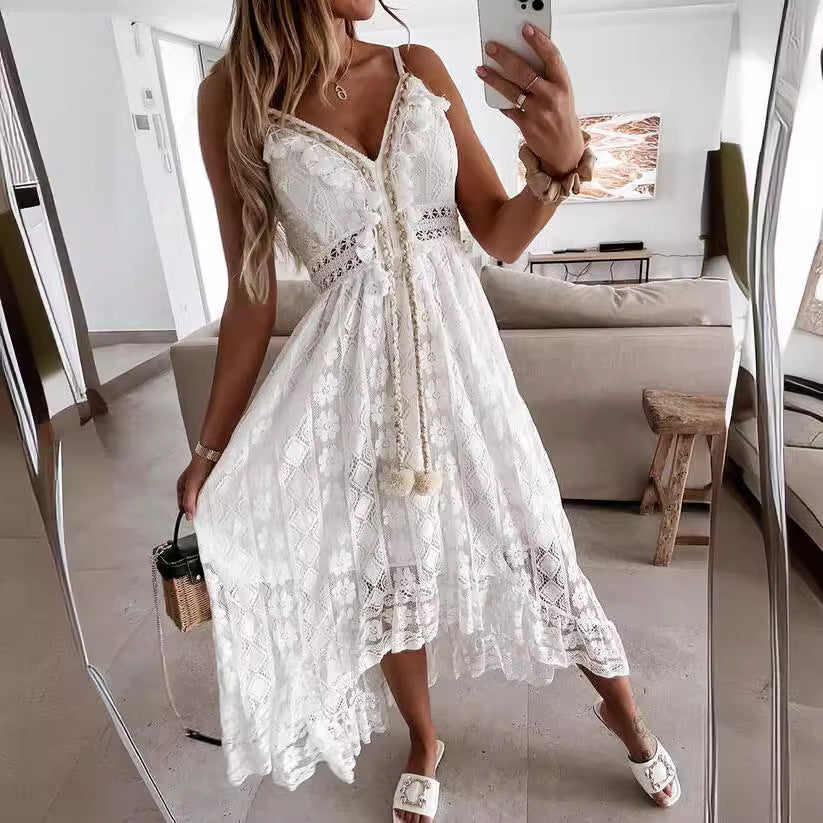Sukienka maxi damska z filigranowym wzorem koronkowym i zabawnymi detalami Eloura-Moda
