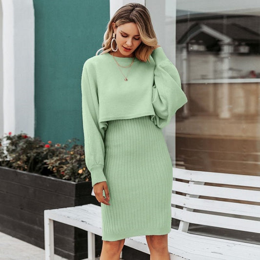 Sukienka dzianinowa dla kobiet z kontrastującą górą i prążkowanym dołem Eloura-Moda