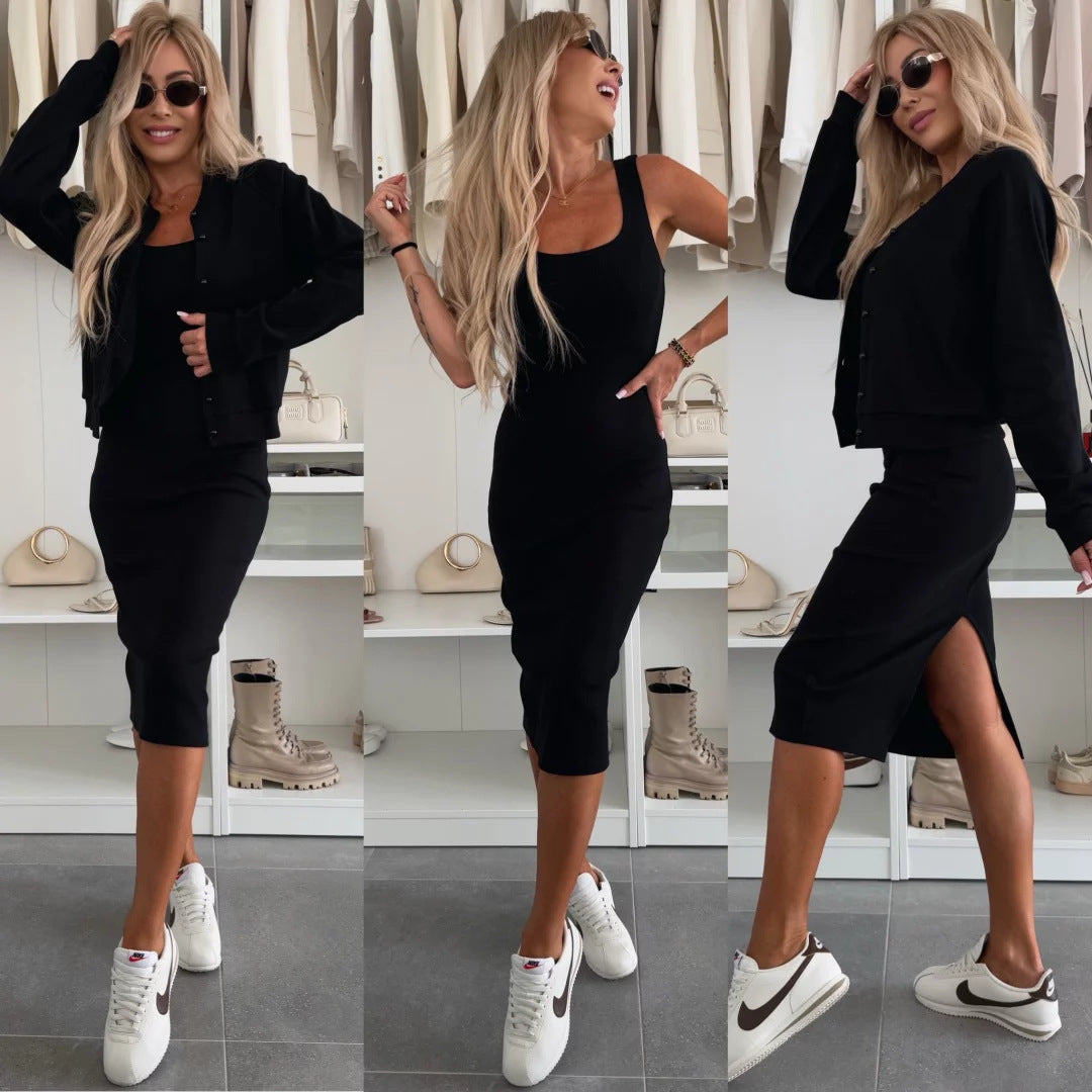 Sukienka dzianinowa dla kobiet z luźną bolerko Eloura-Moda