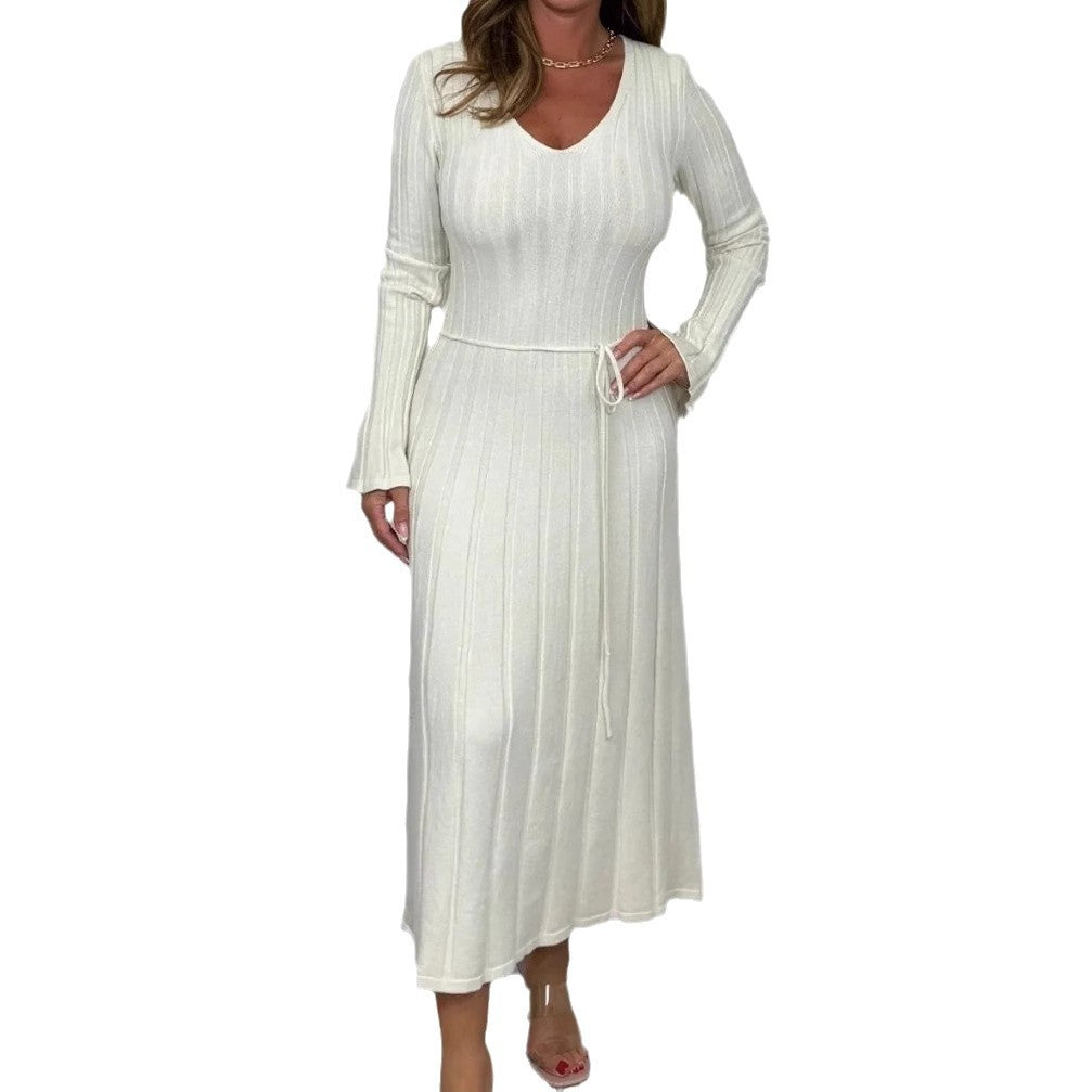 Sukienka maxi dzianinowa dla kobiet z dekoltem w serek i sznurkiem w talii Eloura-Moda