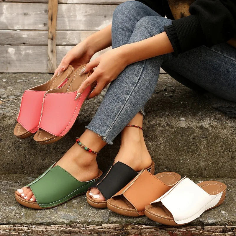 Red wedge sandals in a casual style
