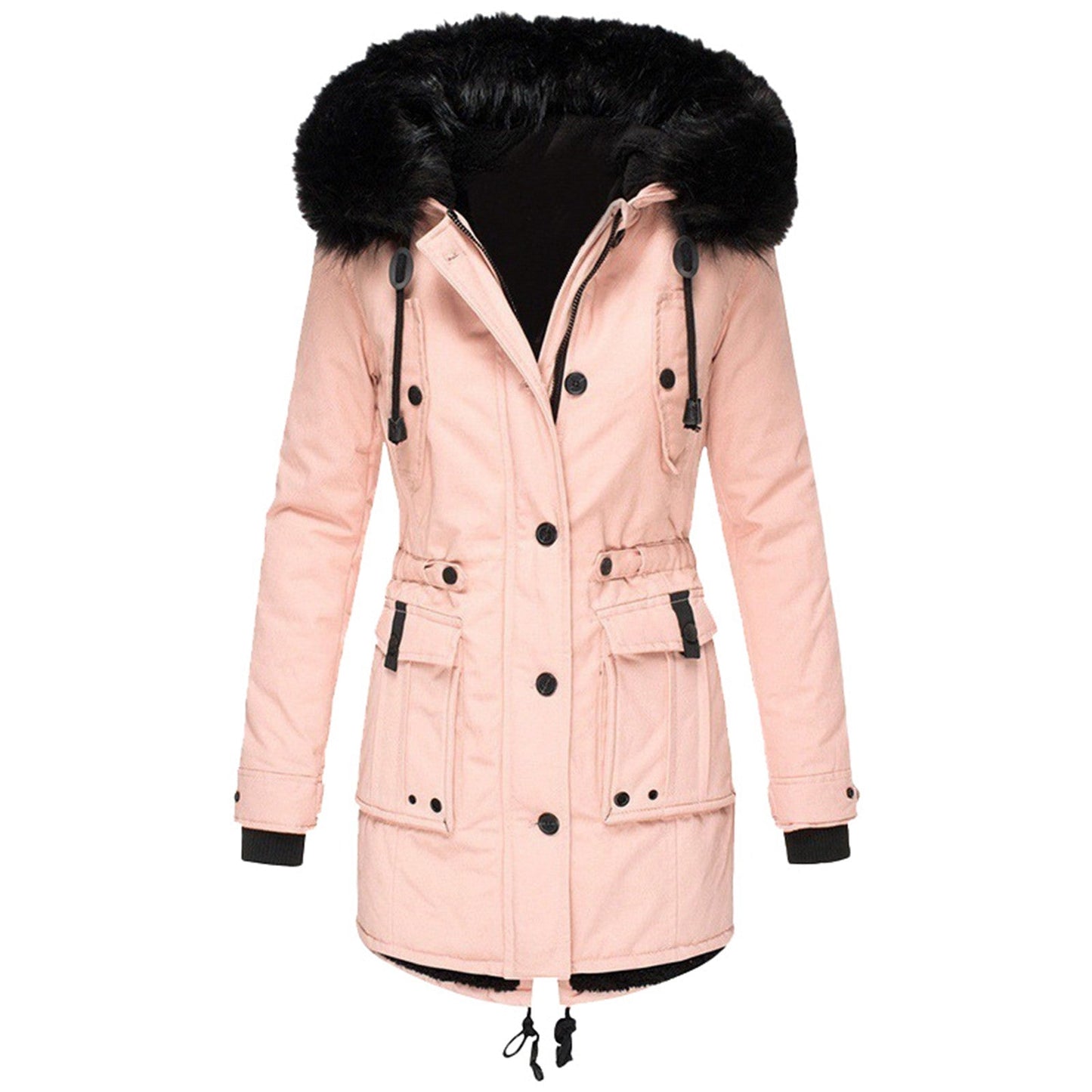 Hooded parka with fur lining and drawstring at the waist