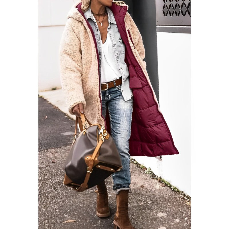 Long quilted jacket with sheepskin lining and hood – Winter essential