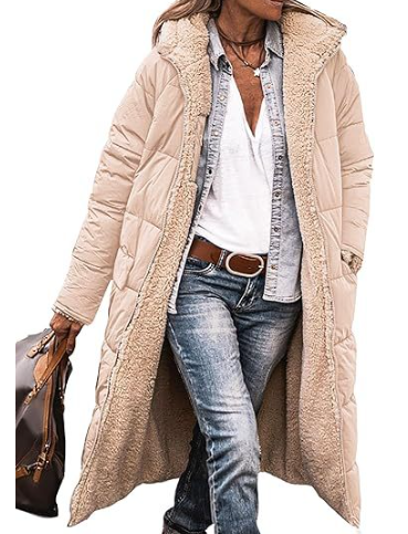 Long quilted jacket with sheepskin lining and hood – Winter essential