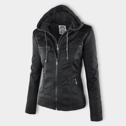 Seitenansicht einer braun lederjacke mit kapuze