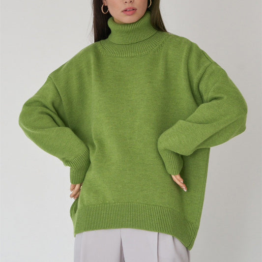 Luna - Women's wool oversize turtleneck sweater, green, warm, fashionable