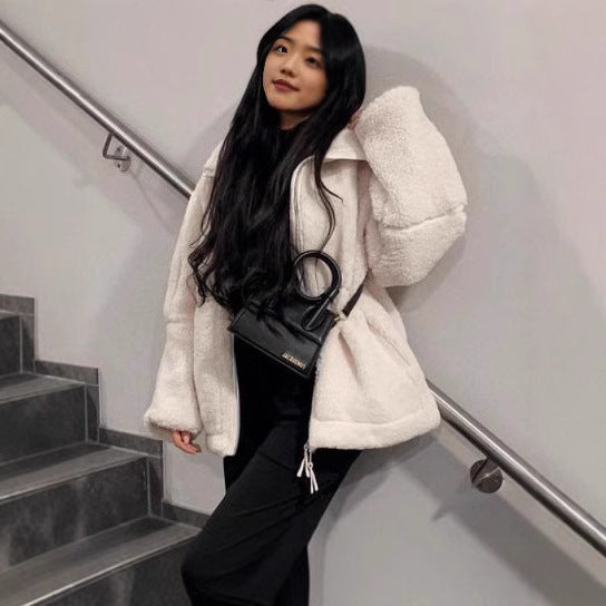 Winter oversized jacket made of soft sheepskin