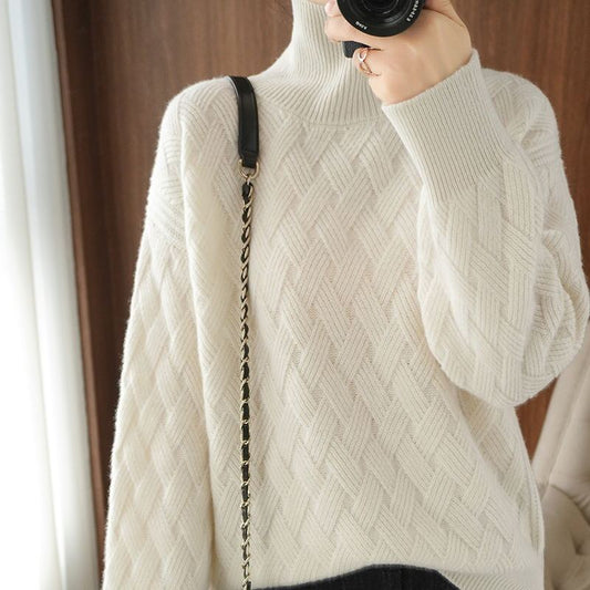Emma - Women's cashmere turtleneck sweater cream cable pattern warm fashionable