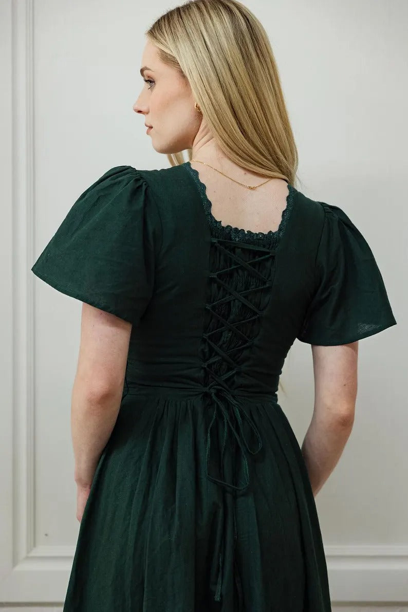 Hymn linen dress in forest green color