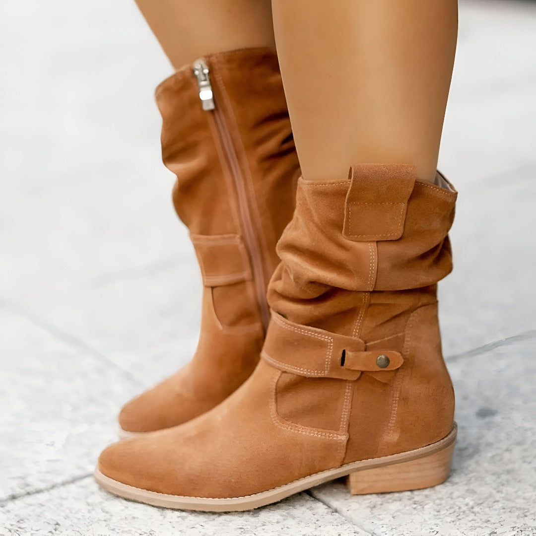 Suede women's ankle boots with pleated shaft