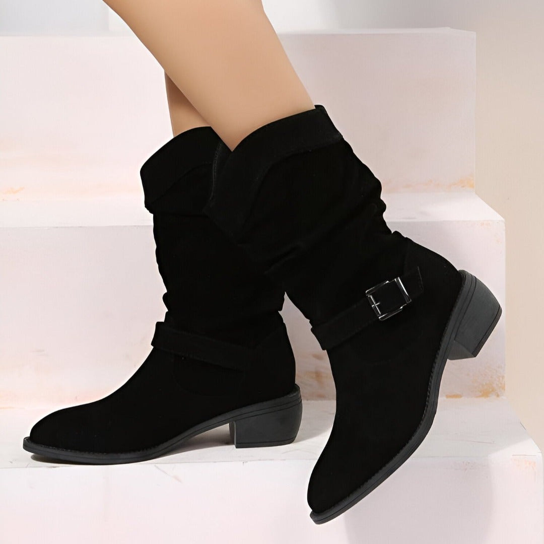 Suede women's ankle boots with pleated shaft