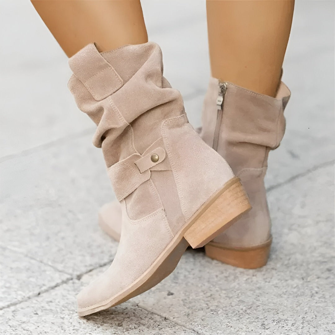 Suede women's ankle boots with pleated shaft