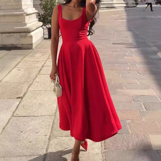 Midi dress with wide straps and flared bottom