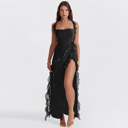 Ariela – Maxi dress with ruffles, square neckline, and slit for women