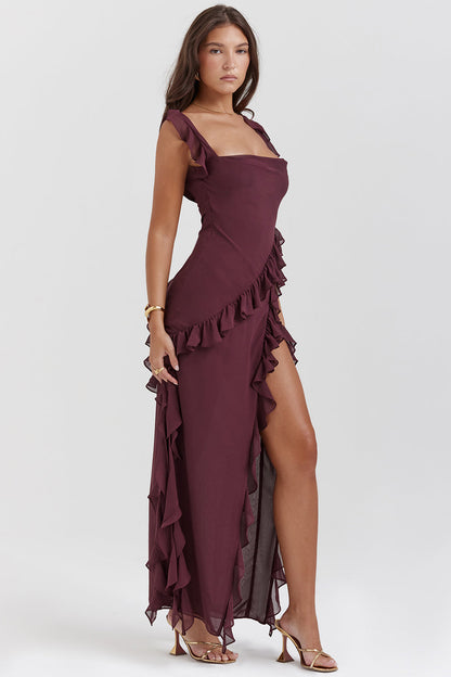 Ariela – Maxi dress with ruffles, square neckline, and slit for women