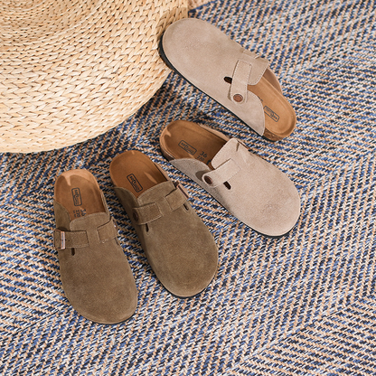Suede women's clogs with closed toes and buckle