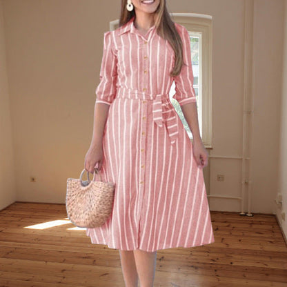 Striped shirt dress with waist tie
