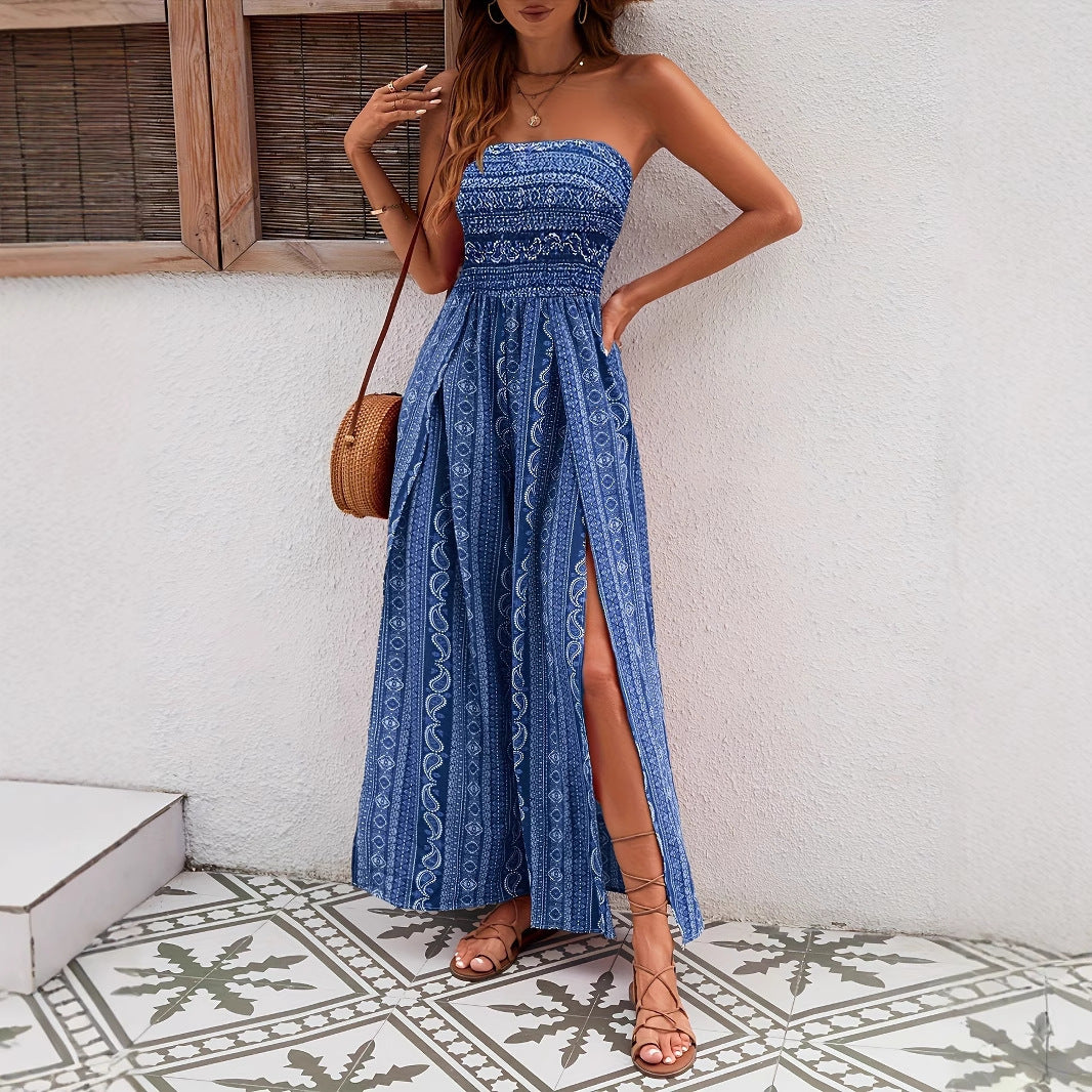 Strapless dress with a slit and ethnic pattern