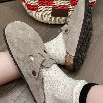 Suede women's clogs with closed toes and buckle