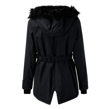 Hooded parka with fur lining and drawstring at the waist