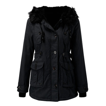 Hooded parka with fur lining and drawstring at the waist