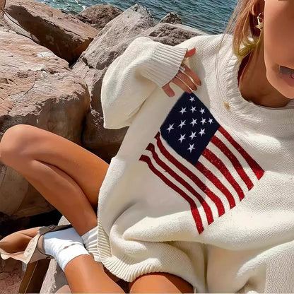 Sweter damski z motywem amerykańskiej flagi Eloura-Moda