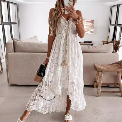 Sukienka maxi damska z filigranowym wzorem koronkowym i zabawnymi detalami Eloura-Moda