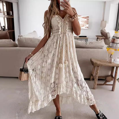 Sukienka maxi damska z filigranowym wzorem koronkowym i zabawnymi detalami Eloura-Moda
