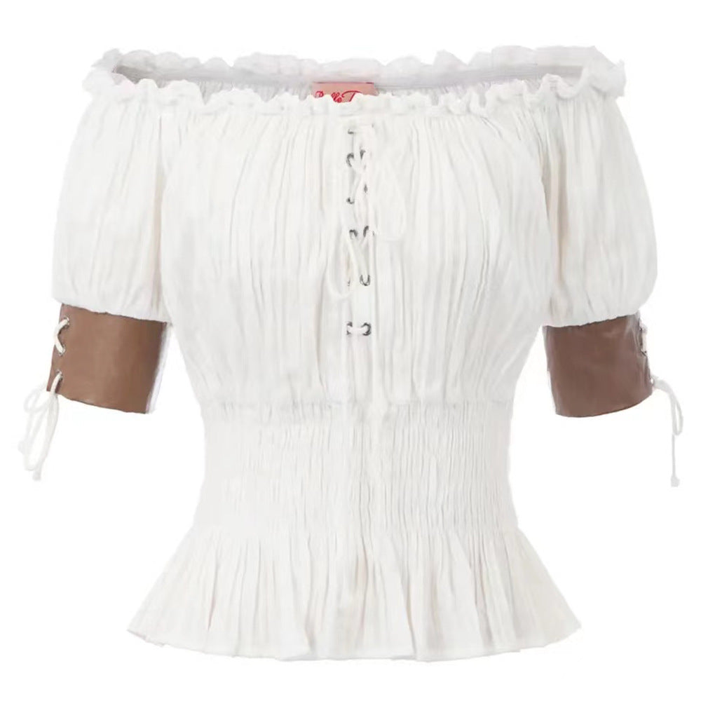Damska bluzka off-shoulder z detalami w falbanki i sznurowaniem Eloura-Moda