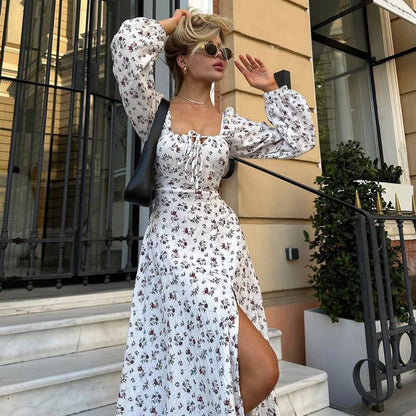 Sukienka maxi damska z detalami w falbanki i taliowanym krojem Eloura-Moda