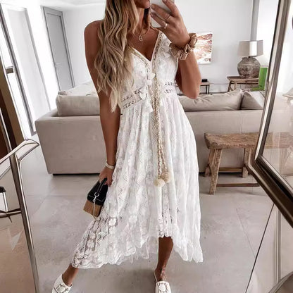 Sukienka maxi damska z filigranowym wzorem koronkowym i zabawnymi detalami Eloura-Moda